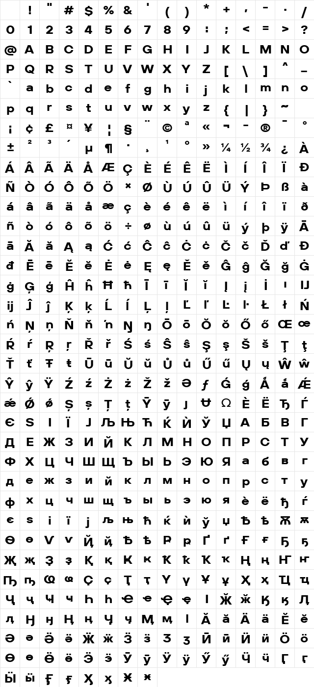 TT Hoves Pro Trl Expanded Bold Character Map