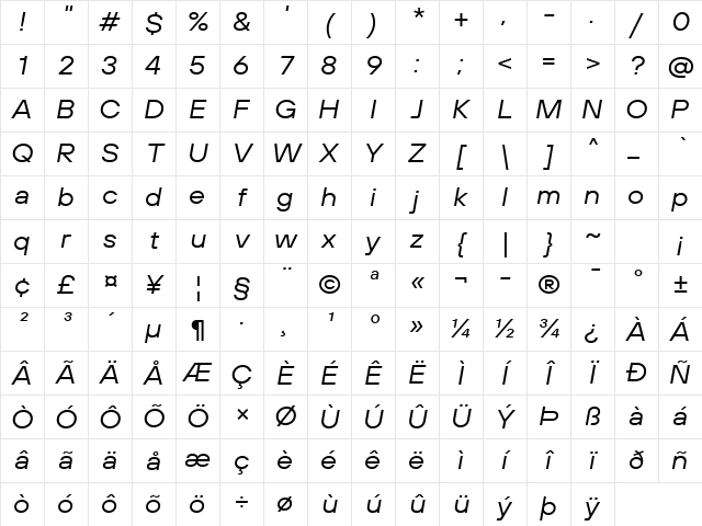 TT Hoves Pro Trl Expanded Italic Character Map