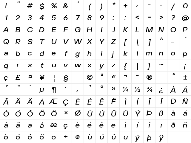 TT Hoves Pro Trl Expanded Medium Italic Character Map