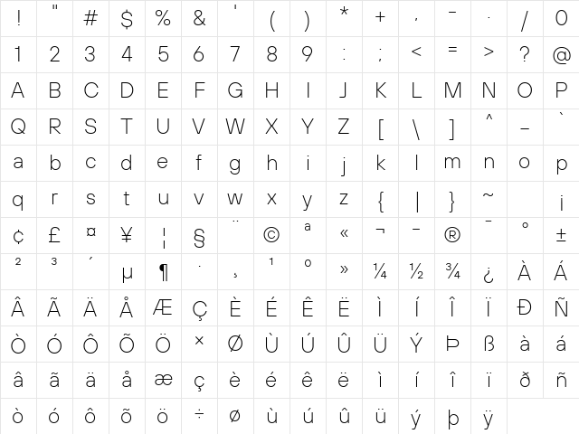 TT Hoves Pro Trial ExtraLight Character Map TT Hoves Pro Trial ExtraLight Character Map