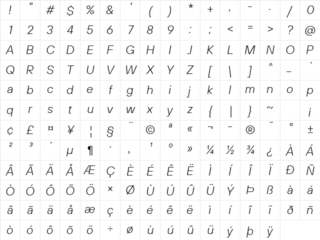 TT Hoves Pro Trial Light Italic Character Map TT Hoves Pro Trial Light Italic Character Map