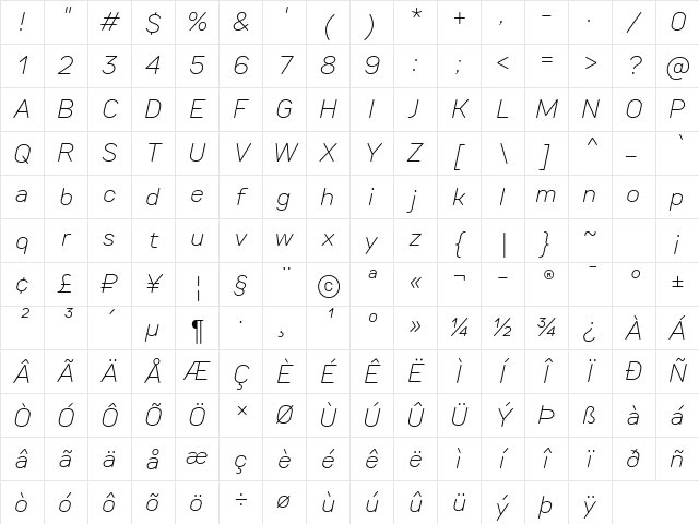 TT Rounds Neue Trial ExtraLight Italic Character Map