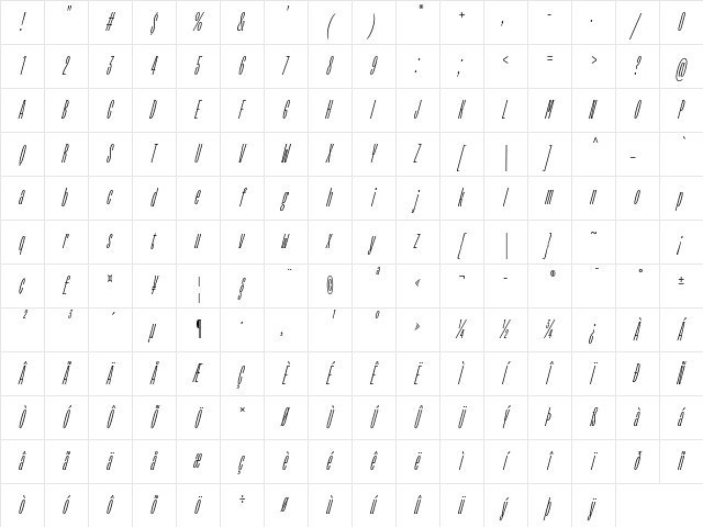 TT Trailers Trial Thin Italic Character Map