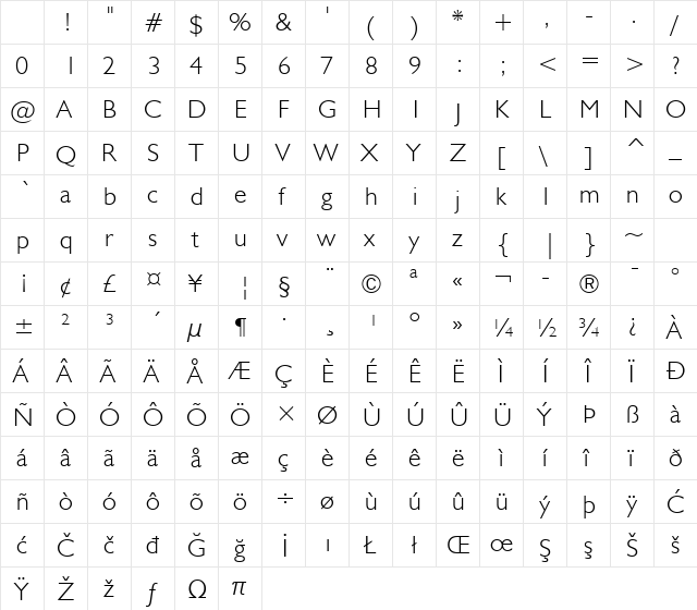 Humanst521 Lt BT Light Character Map