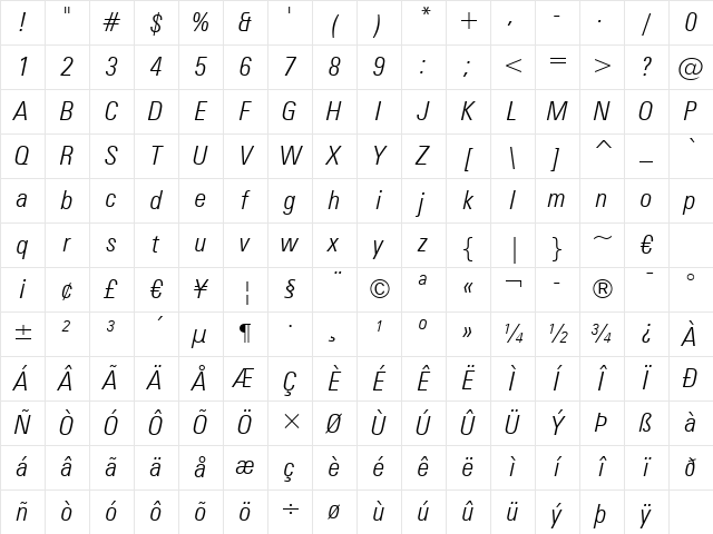 Zurich LtCn BT Light Italic Character Map