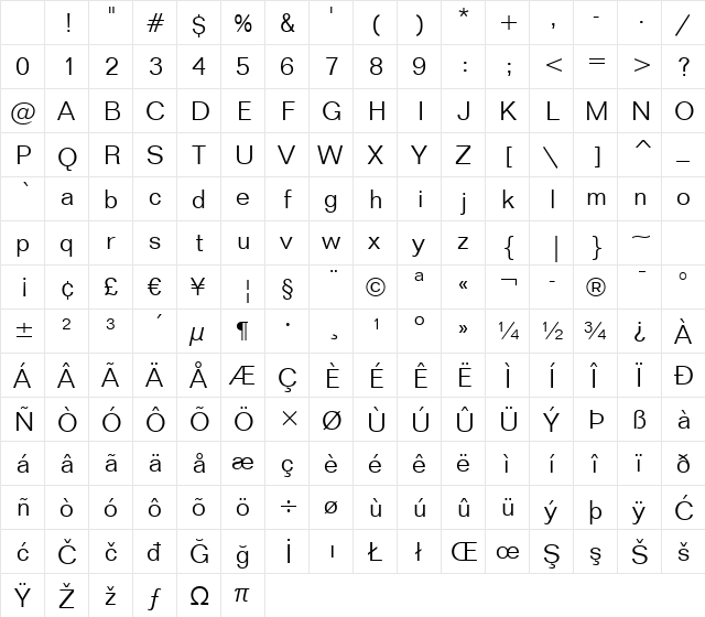 Folio Lt BT Light Character Map Folio Lt BT Light Character Map
