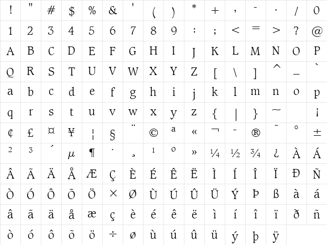 Caxton Light Character Map