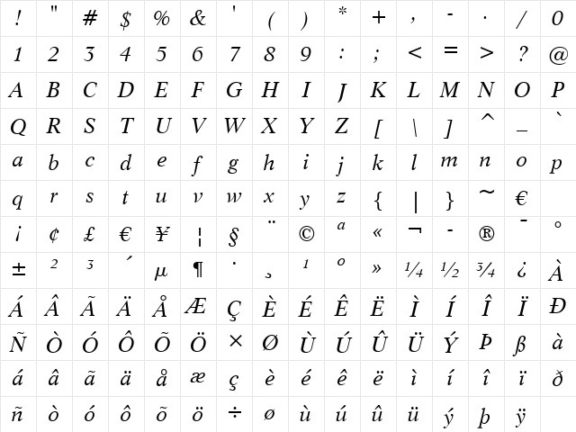 Life BT Italic Character Map