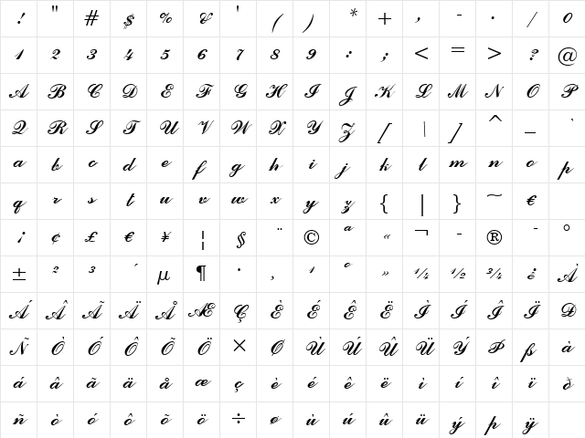 CommercialScript BT Regular Character Map CommercialScript BT Regular Character Map