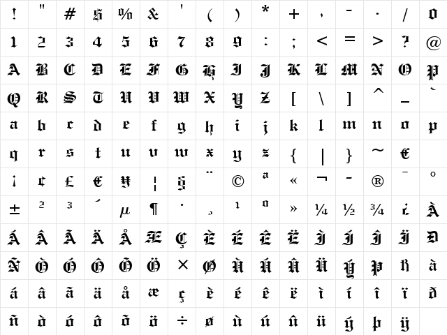 EngrvrsOldEng Bd BT Bold Character Map