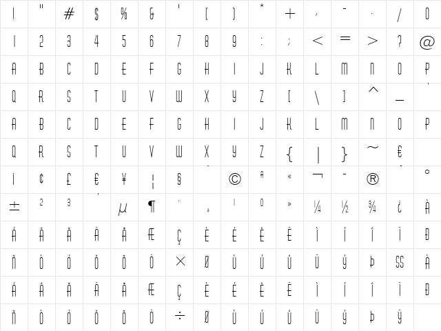 HuxleyVertical BT Regular Character Map