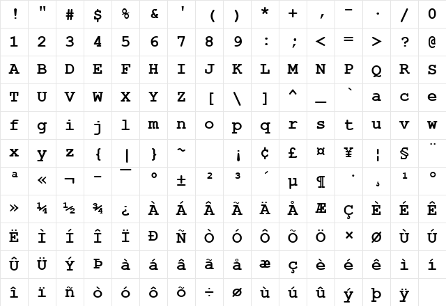 Courier New Bold Character Map