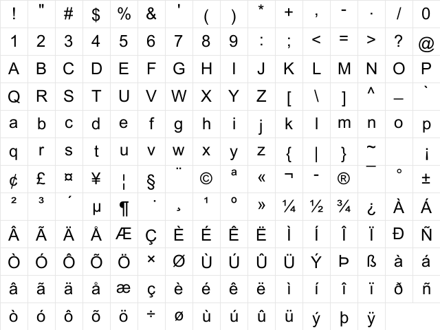 Arial Regular Character Map