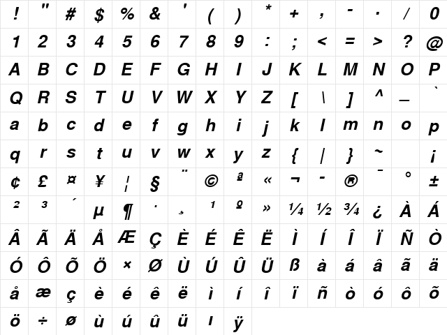 TurkishSansSSK BoldItalic Character Map