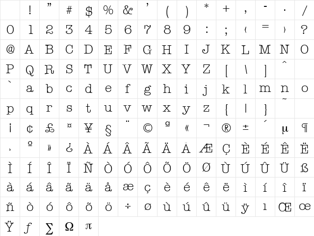 Typewriter-Light Regular Character Map Typewriter-Light Regular Character Map