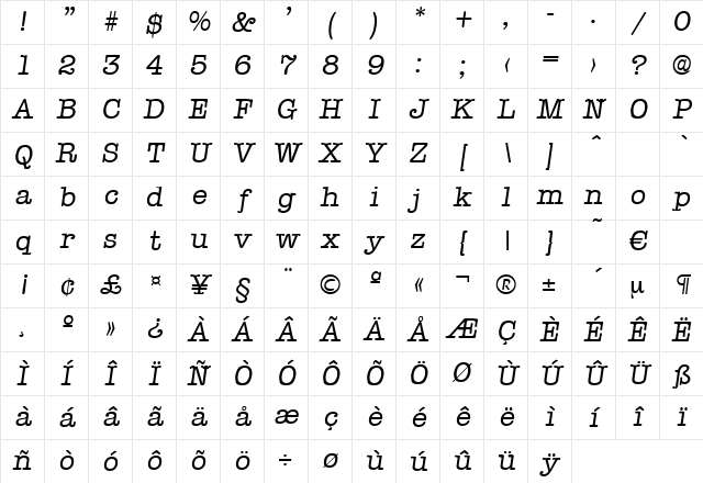 Typewriter-RegularIta Regular Character Map Typewriter-RegularIta Regular Character Map