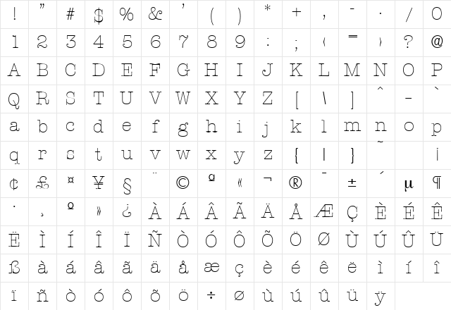 Typewriter-Serial-ExtraLight Regular Character Map