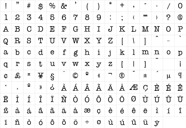 Typewriter-Serial Regular Character Map Typewriter-Serial Regular Character Map