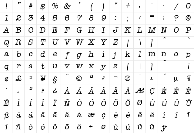 Typewriter-Serial DB RegularItalic Character Map Typewriter-Serial DB RegularItalic Character Map
