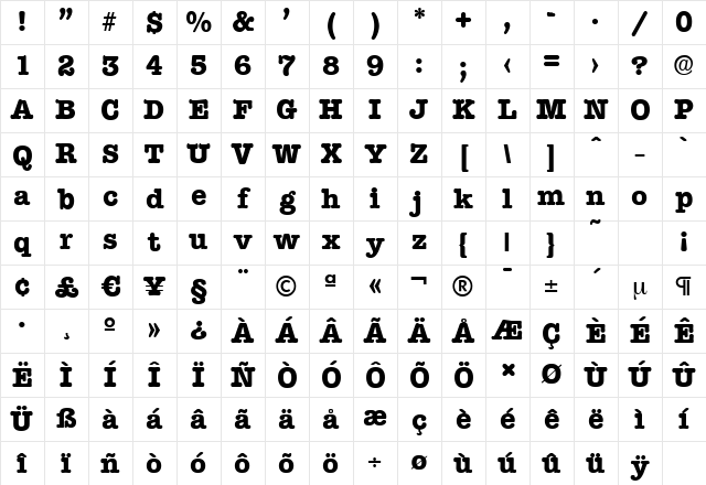 TypewriterSerial-Xbold Regular Character Map TypewriterSerial-Xbold Regular Character Map
