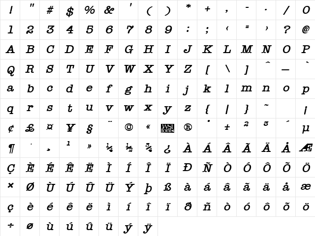 Typist Bold Italic Character Map