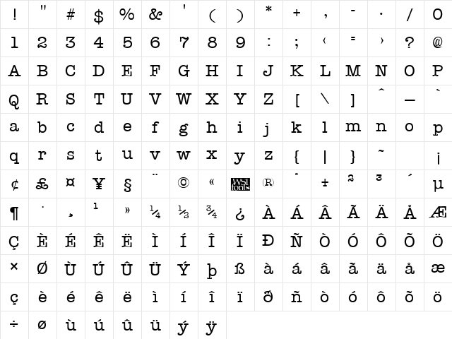 Typist Regular Character Map
