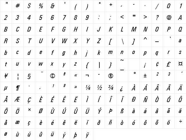 UnitusTCon Italic Character Map