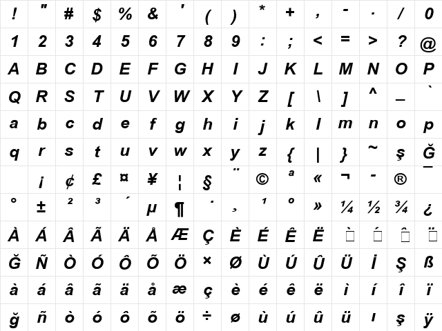 Arial2 Bold Italic Turkce Character Map