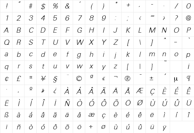 Ultimate-Serial-ExtraLight RegularItalic Character Map