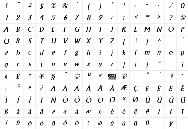Acclaim Italic Character Map