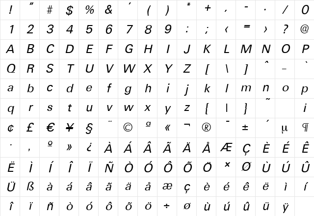 UltimateSerial Italic Character Map