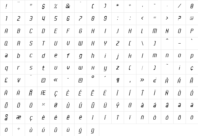 UNDA Italic Character Map UNDA Italic Character Map
