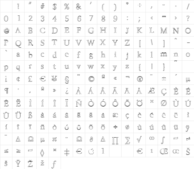 BelfastOutline-Light Regular Character Map BelfastOutline-Light Regular Character Map