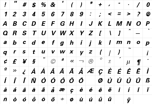 Uniform Bold Italic Character Map