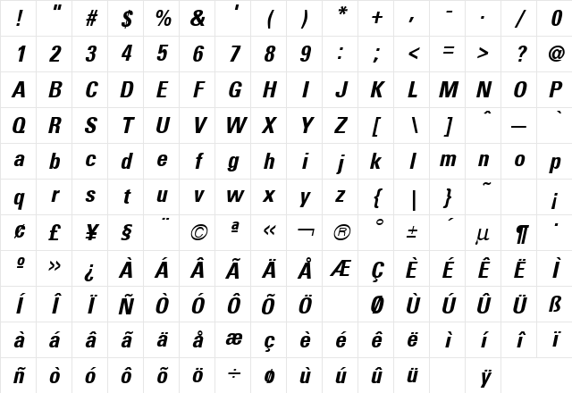 Uniform Condensed Bold Italic Character Map Uniform Condensed Bold Italic Character Map