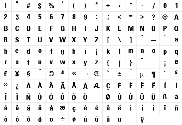 Uniform Condensed Bold Character Map