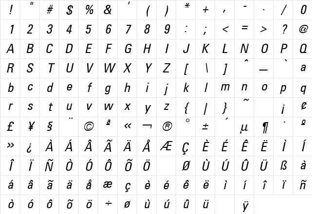 Uniform Condensed Italic Character Map