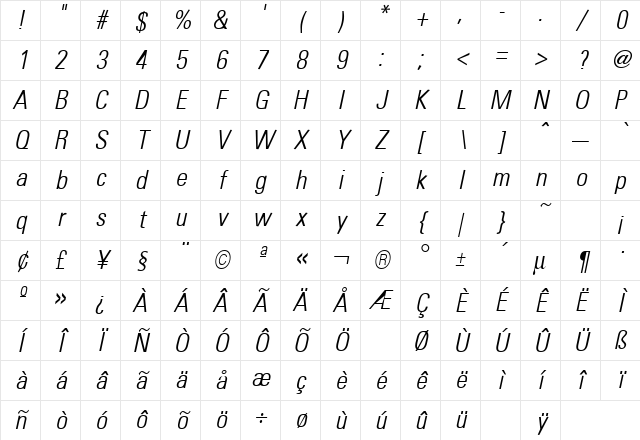 Uniform Condensed Light Italic Character Map