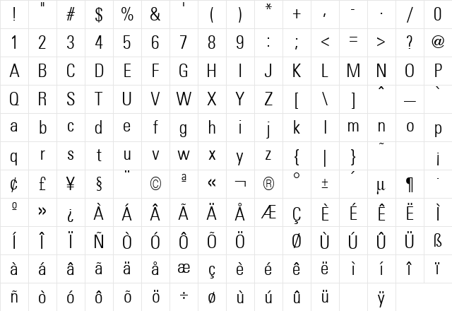 Uniform Condensed Light Regular Character Map