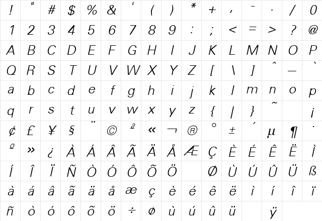 Uniform Italic Character Map