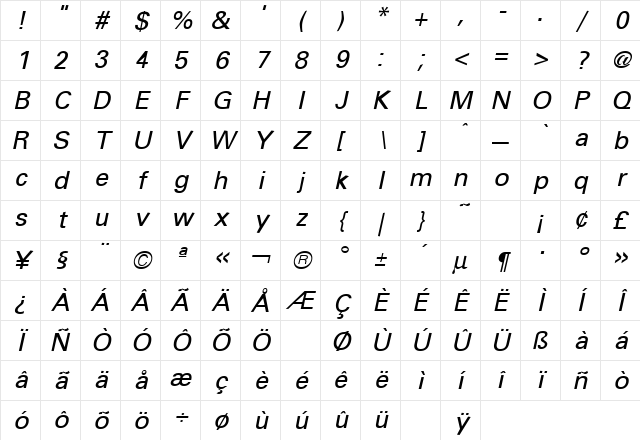 Uniform Italic Character Map