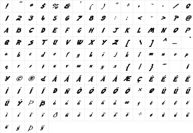UNIQUE50 HU Italic Character Map