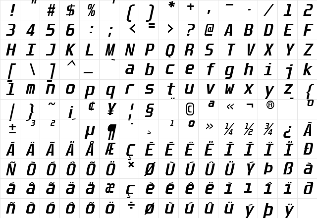 Unispace Bold Italic Character Map