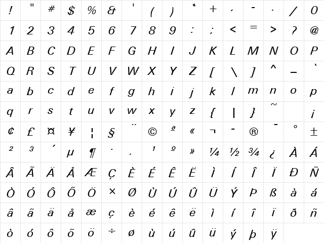 Unitus Italic Character Map