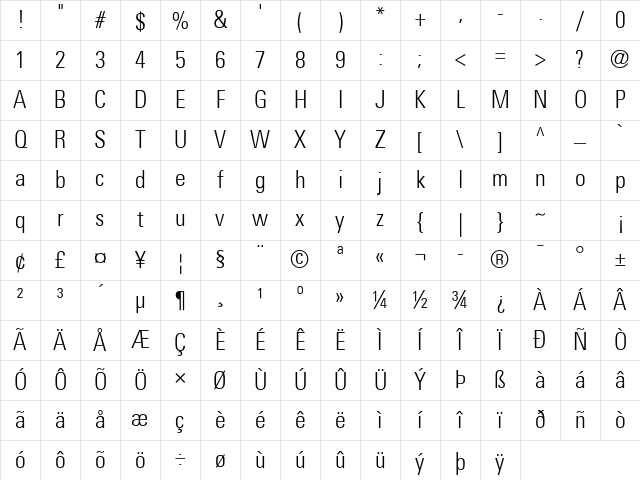Univers 47 CondensedLight Regular Character Map