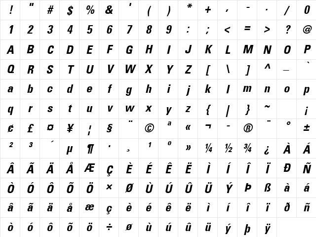 Univers 47 CondensedLight Bold Italic Character Map