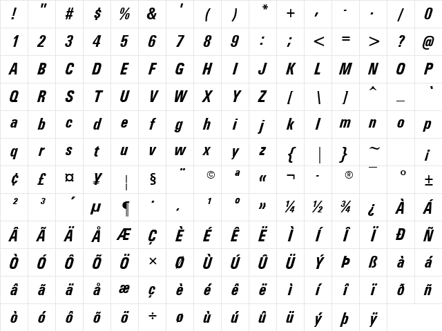 Univers Condensed Bold Italic Character Map