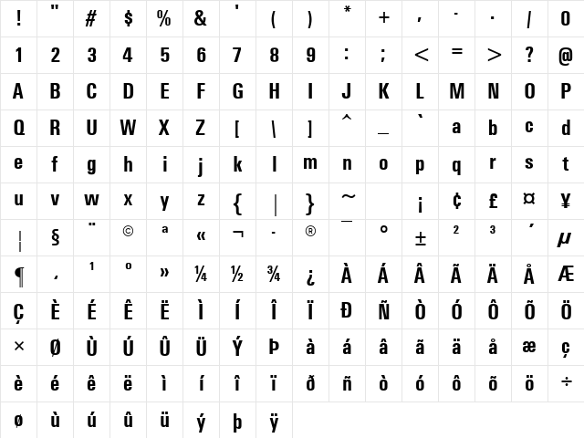 Univers Condensed Fett Character Map