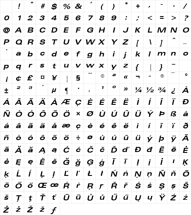 Univers Extended Bold Italic Character Map Univers Extended Bold Italic Character Map