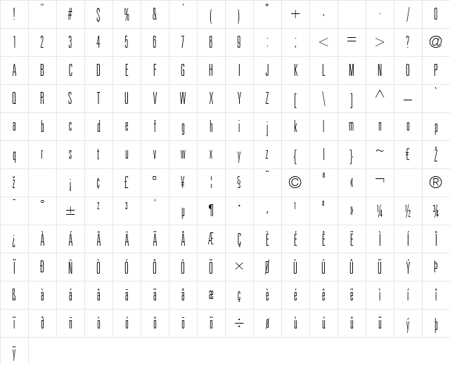 Univers LT 39 ThinUltraCn Regular Character Map